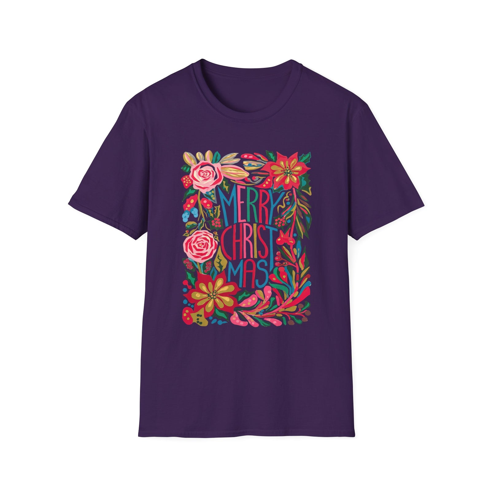 Merry Christmas Bright Holiday Florals Tee Graphic T-Shirt