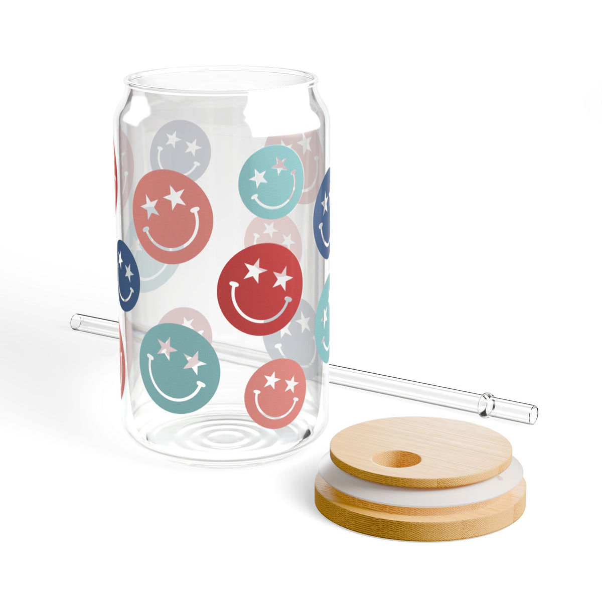 Star Smiley Tumbler Sipper Glass 16oz — Reusable Drink Jar with Lid & Straw