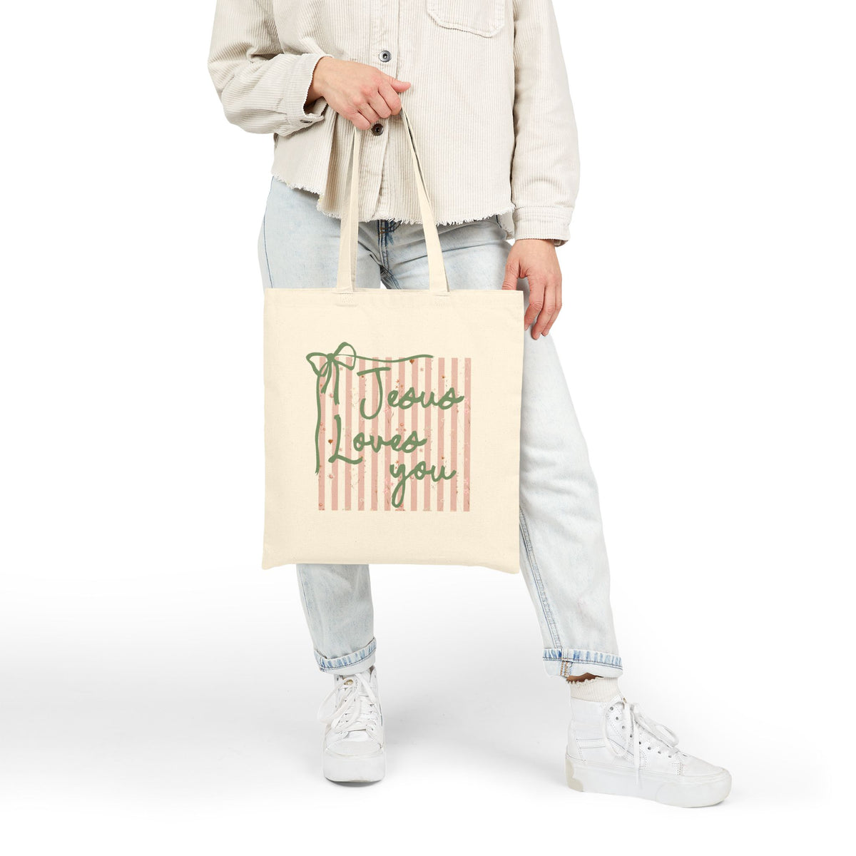 Jesus Loves You Striped Cotton Canvas Tote Bag Faith-Inspired Grocery & Everyday Bag