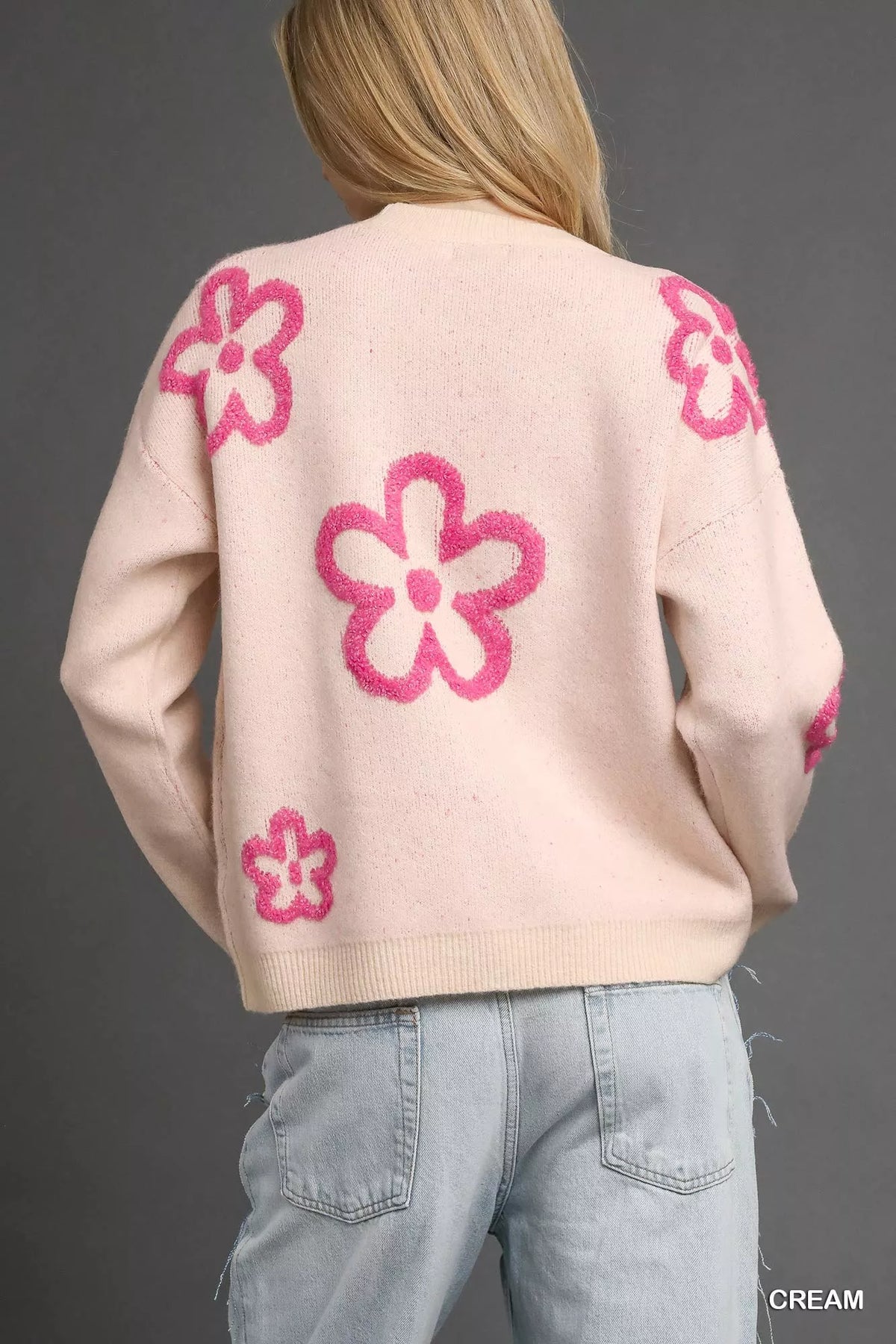 Umgee Round Neck Sweater with Pink Floral Accents - Sydney So Sweet