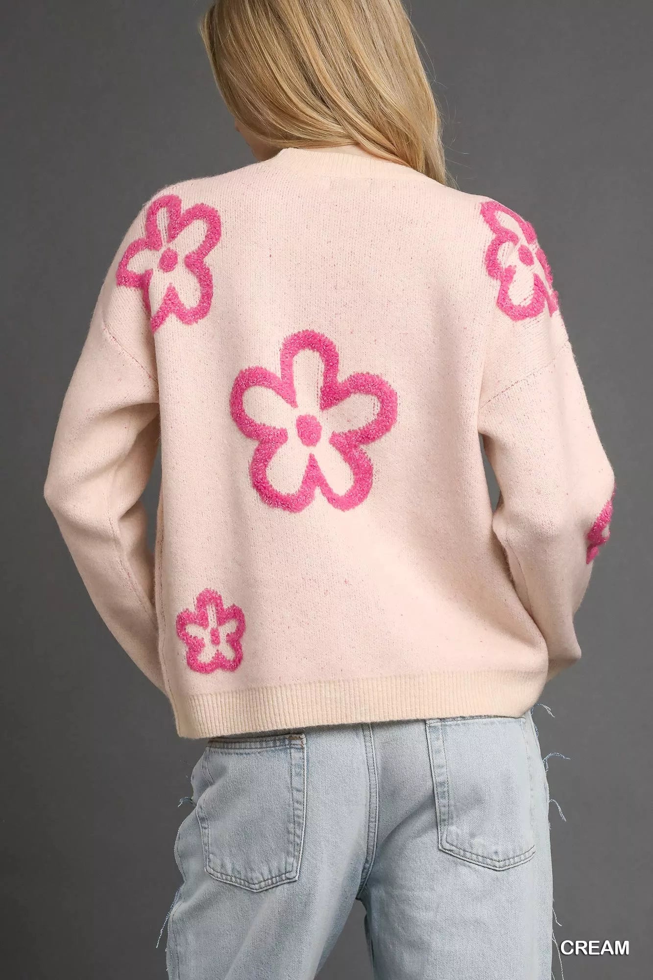 Umgee Round Neck Sweater with Pink Floral Accents - Sydney So Sweet