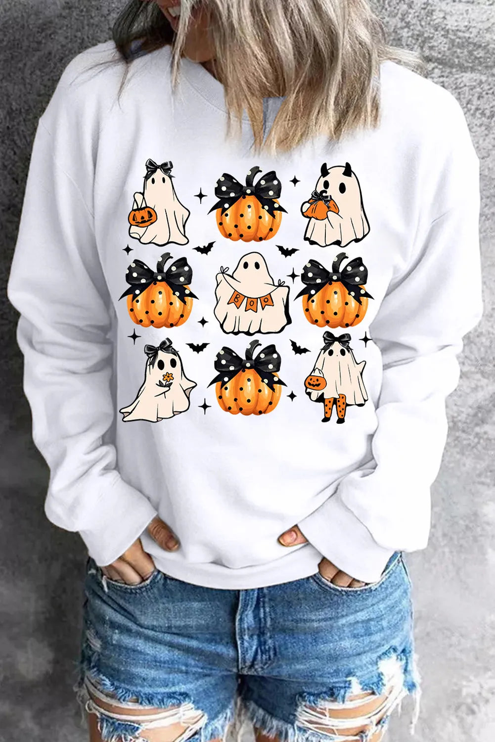 Pumpkin &amp; Ghost Round Neck Long Sleeve Women&#39;s Graphic Sweatshirt - Sydney So Sweet