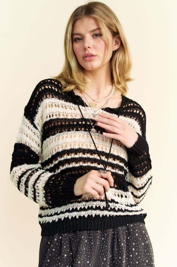 Davi & Dani Contrast Striped Crochet Drop Shoulder Knit Cover Up - Sydney So Sweet