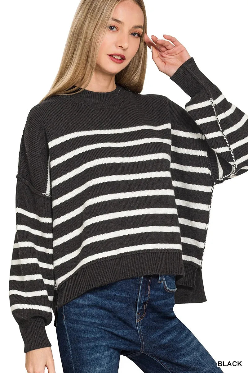 Zenana Exposed Seam Striped Oversized Sweater - Sydney So Sweet