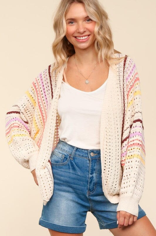 Haptics Full Size Striped Crochet Open Front Cardigan - Sydney So Sweet