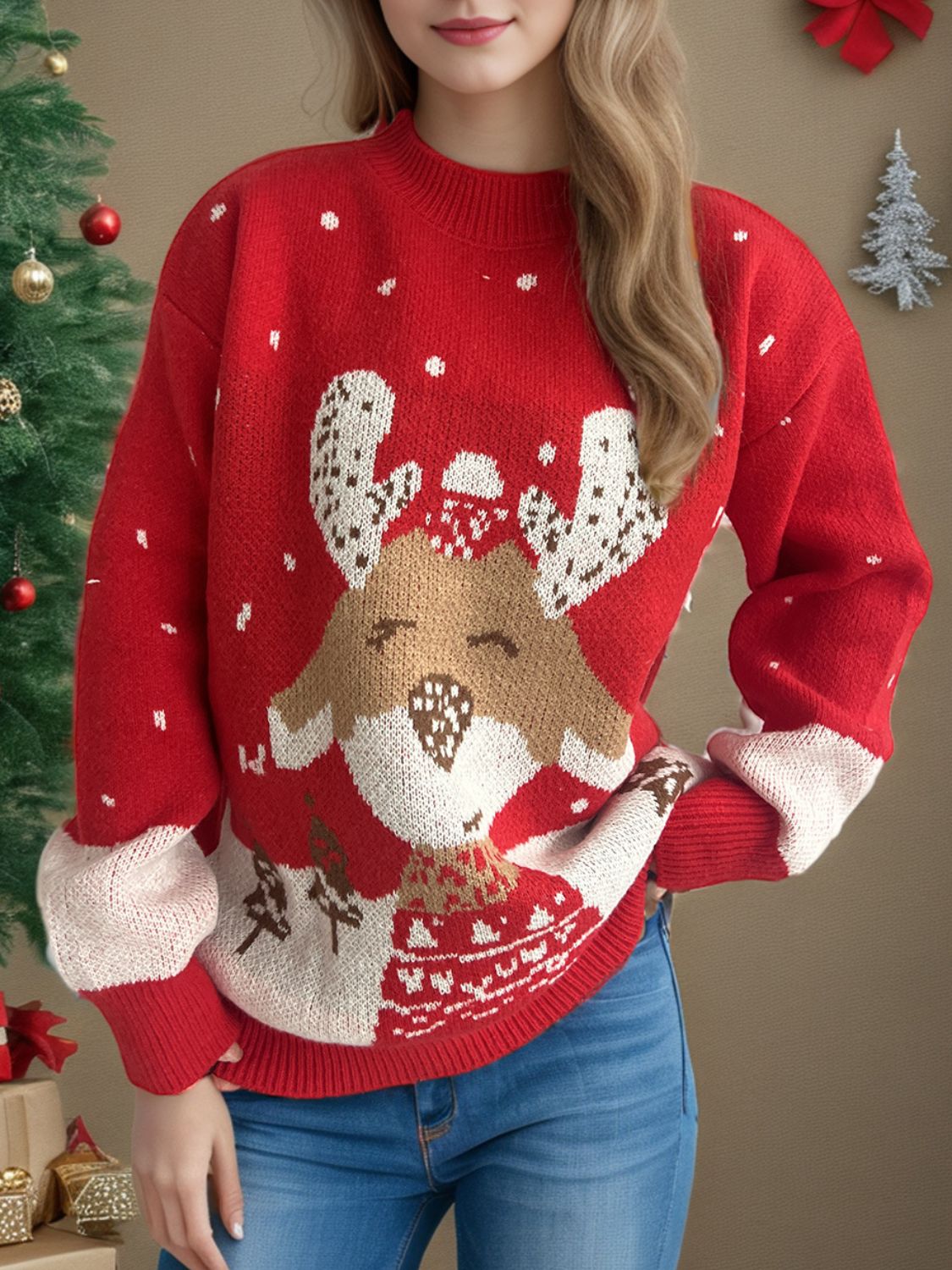 Reindeer Mock Neck Long Sleeve Sweater - Sydney So Sweet