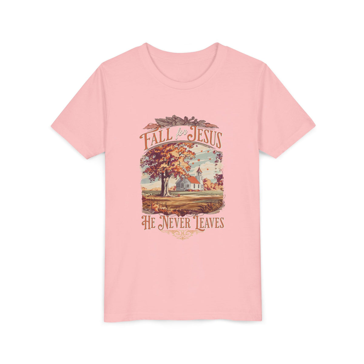 Fall for Jesus Kids T-Shirt He Never Leaves Youth Christian Graphic Tee