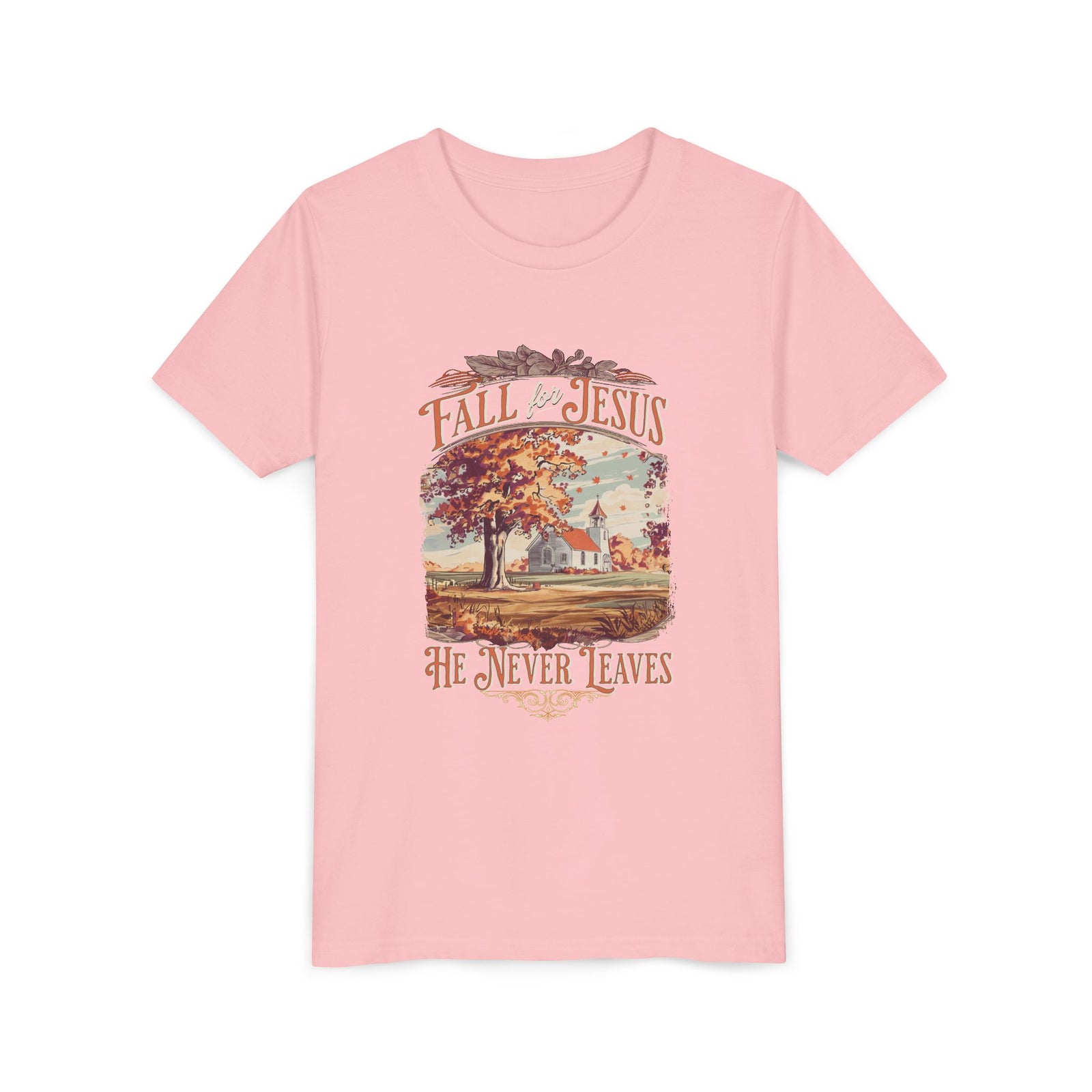 Fall for Jesus Kids T-Shirt He Never Leaves Youth Christian Graphic Tee