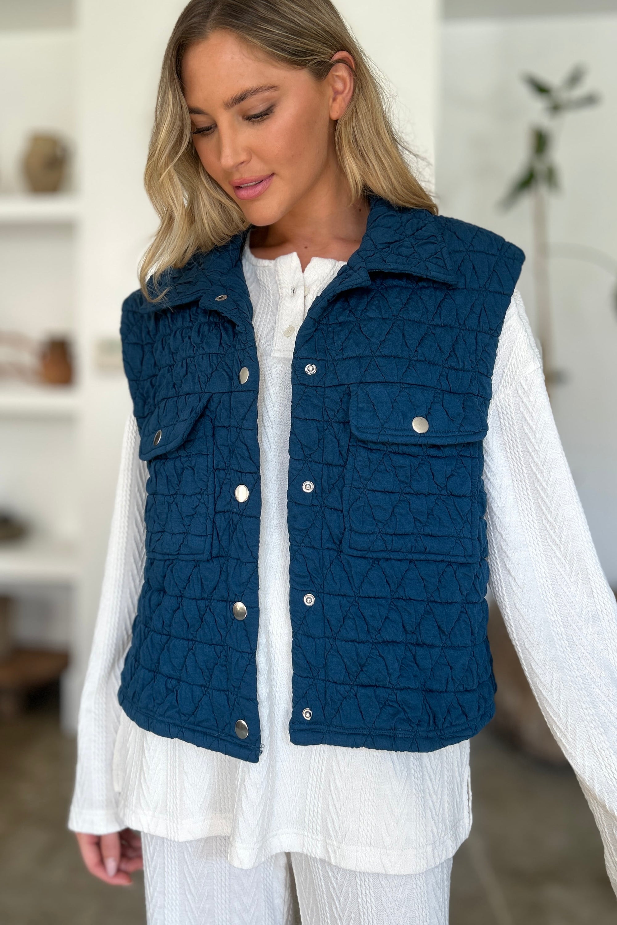 Double Take Full Size Pocketed Texture Snap Down Vest Coat - Sydney So Sweet