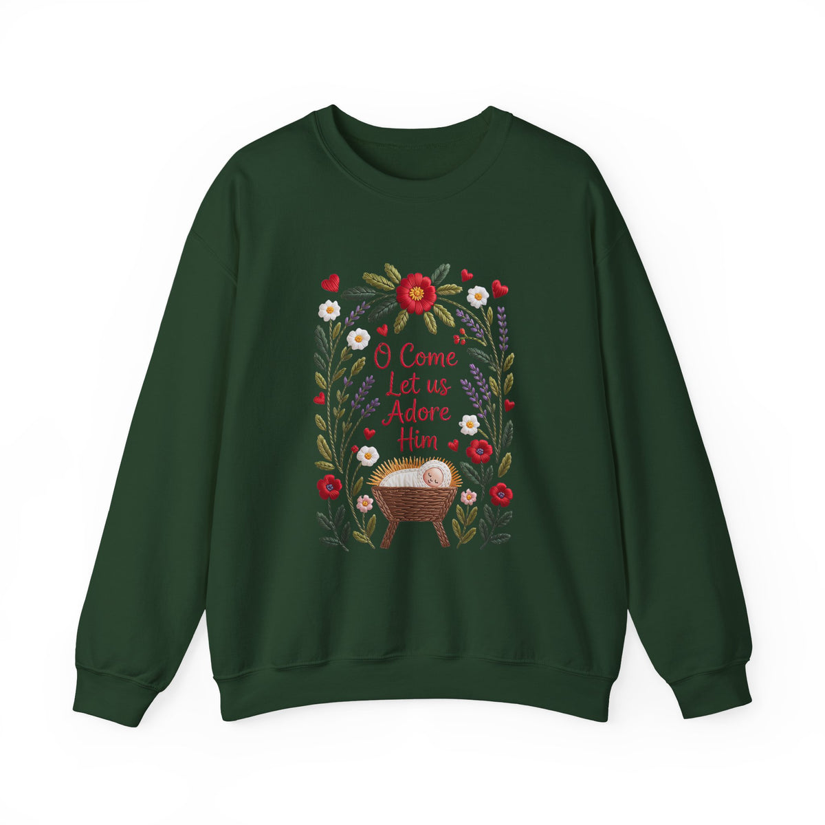 O Come Let Us Adore Him Faux Embroidery Christmas Nativity Crewneck Unisex Sweatshirt
