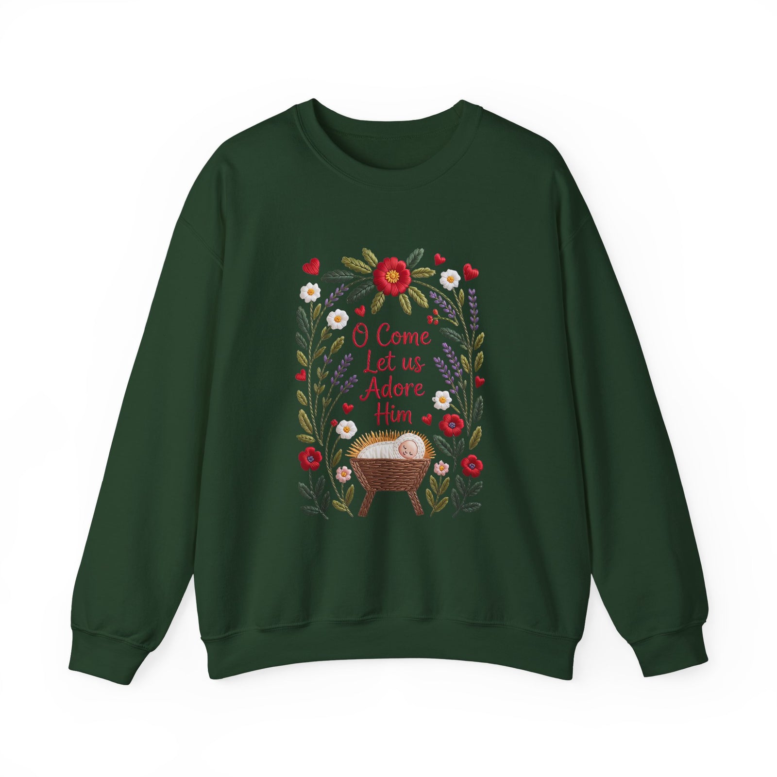 O Come Let Us Adore Him Faux Embroidery Christmas Nativity Crewneck Unisex Sweatshirt