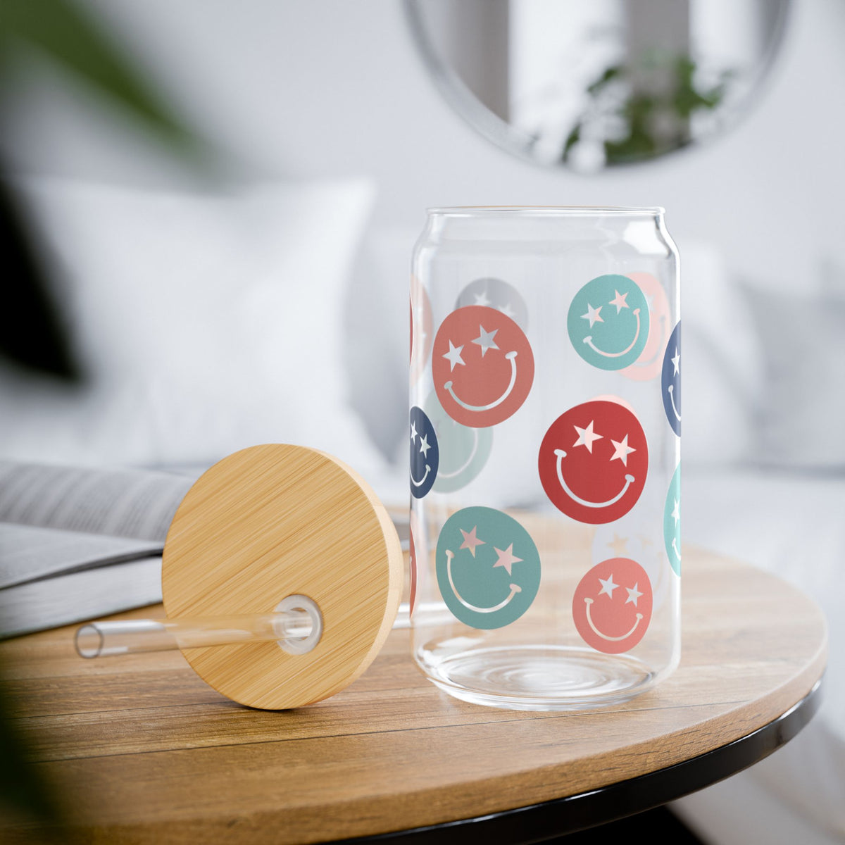 Star Smiley Tumbler Sipper Glass 16oz — Reusable Drink Jar with Lid & Straw