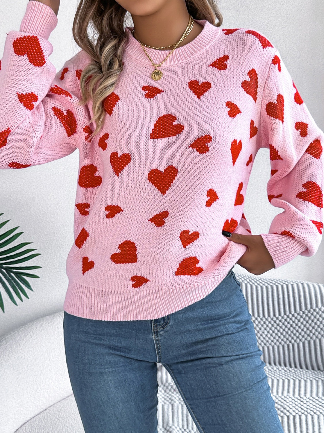 Heart Round Neck Long Sleeve Sweater - Sydney So Sweet