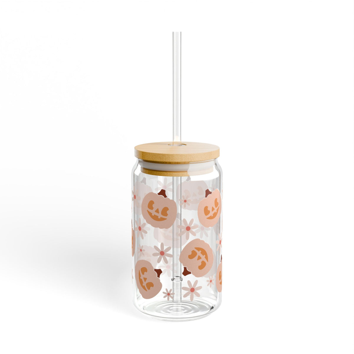 Pumpkin Patch Smiles Halloween Sipper Glass 16oz Reusable Drink Jar with Lid & Straw