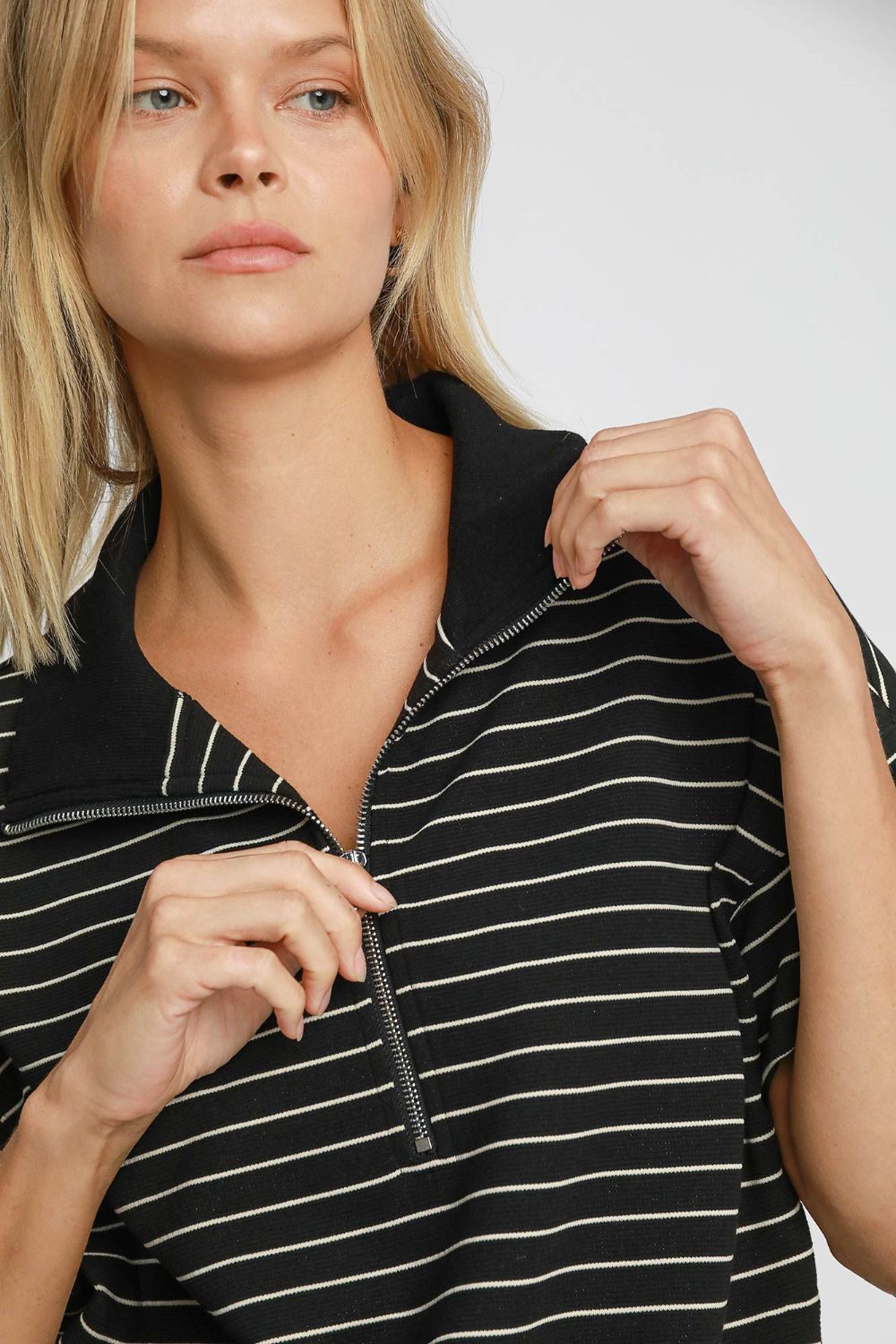 Umgee Striped Half Zip Short Sleeve Sweatshirt - Sydney So Sweet