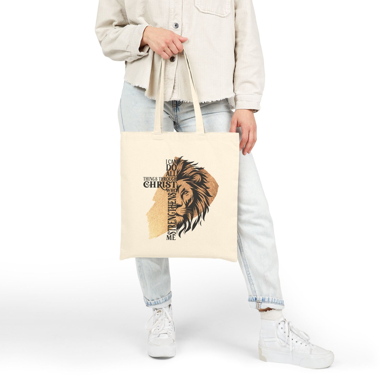 All Things Through Christ Christian Lion Cotton Canvas Tote Bag
