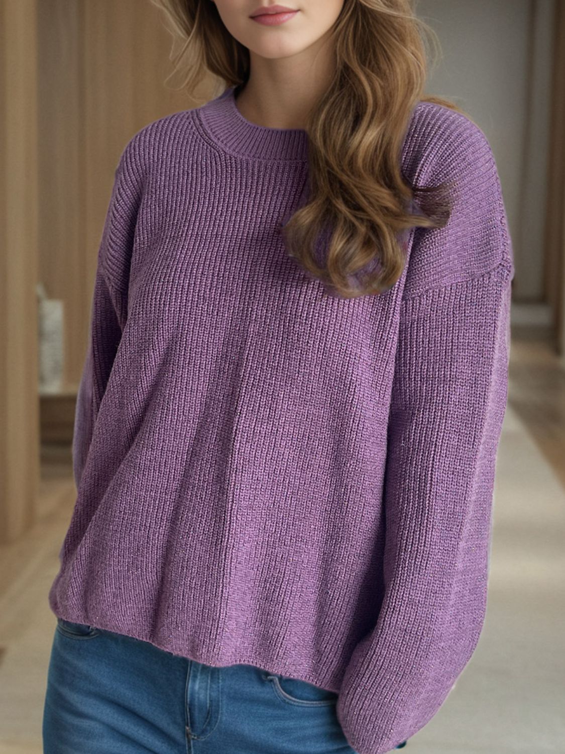 Solid Color Round Neck Long Sleeve Sweater - Sydney So Sweet