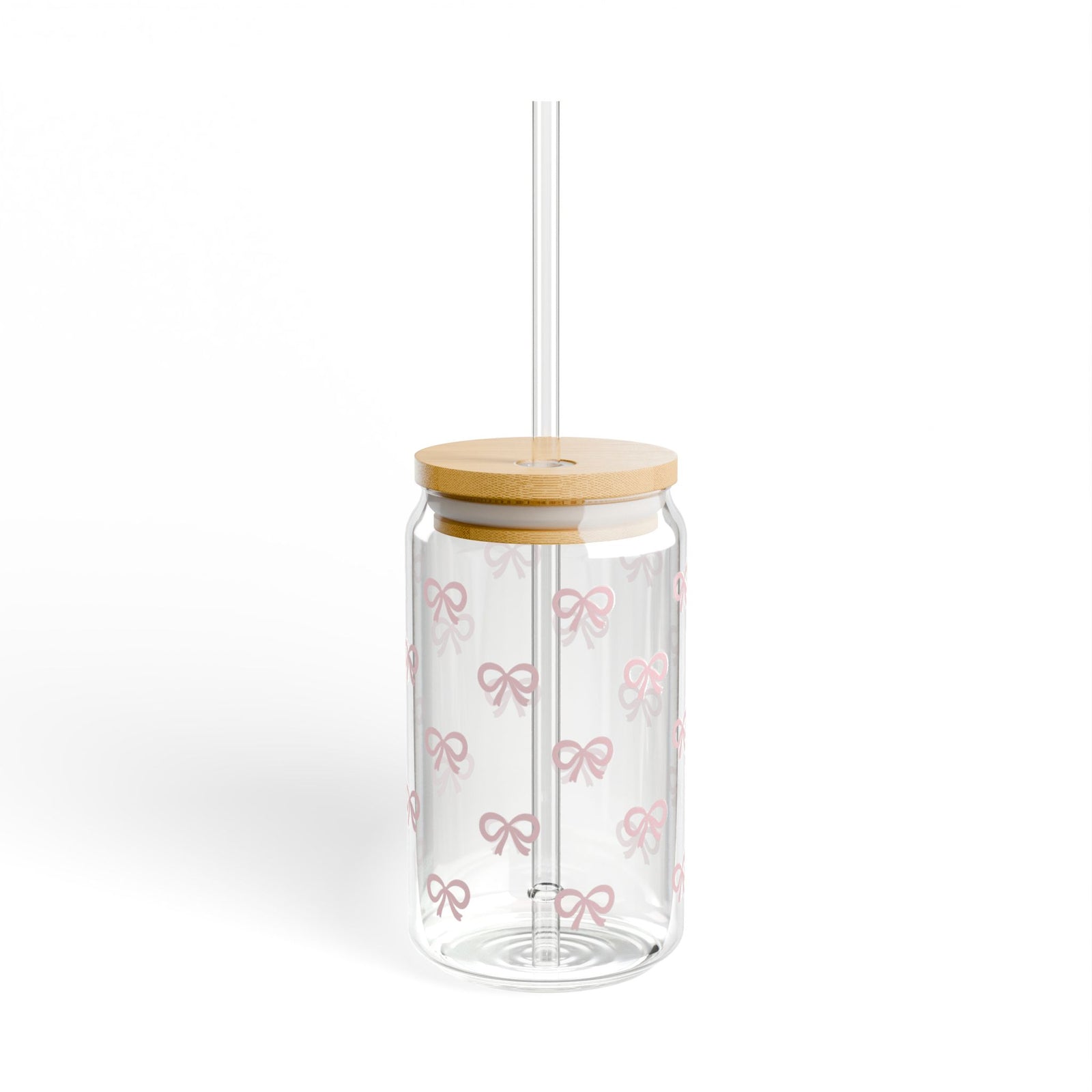 Mini Bows Light Pink Sipper Glass 16oz — Reusable Drink Jar with Lid & Straw