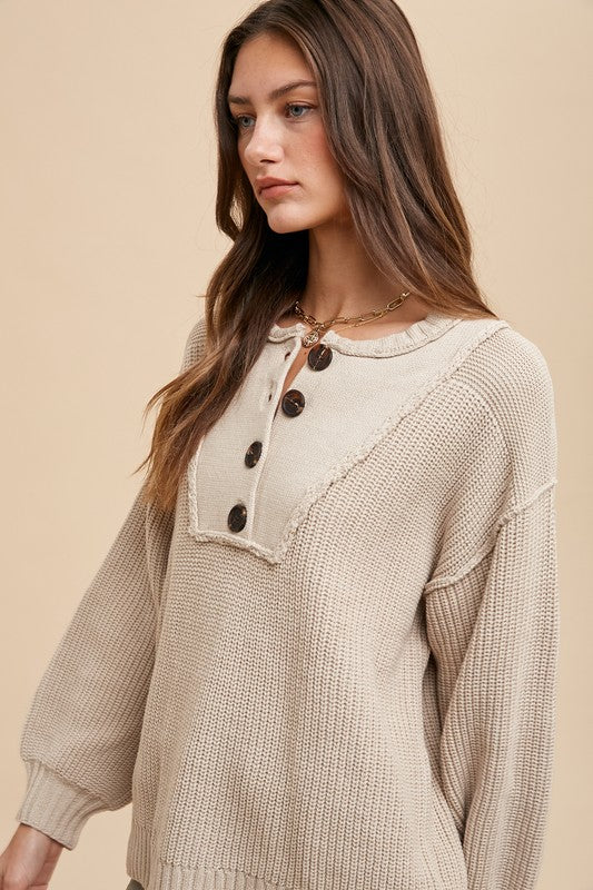 Annie Wear Half Button Ribbed Hem Sweater - Sydney So Sweet