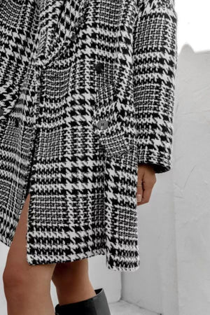 Houndstooth Collared Neck Long Sleeve Coat with Pockets - Sydney So Sweet