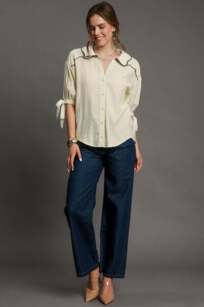 Umgee Full Size Embroidered Detail Button Down Shirt Plus Size - Sydney So Sweet