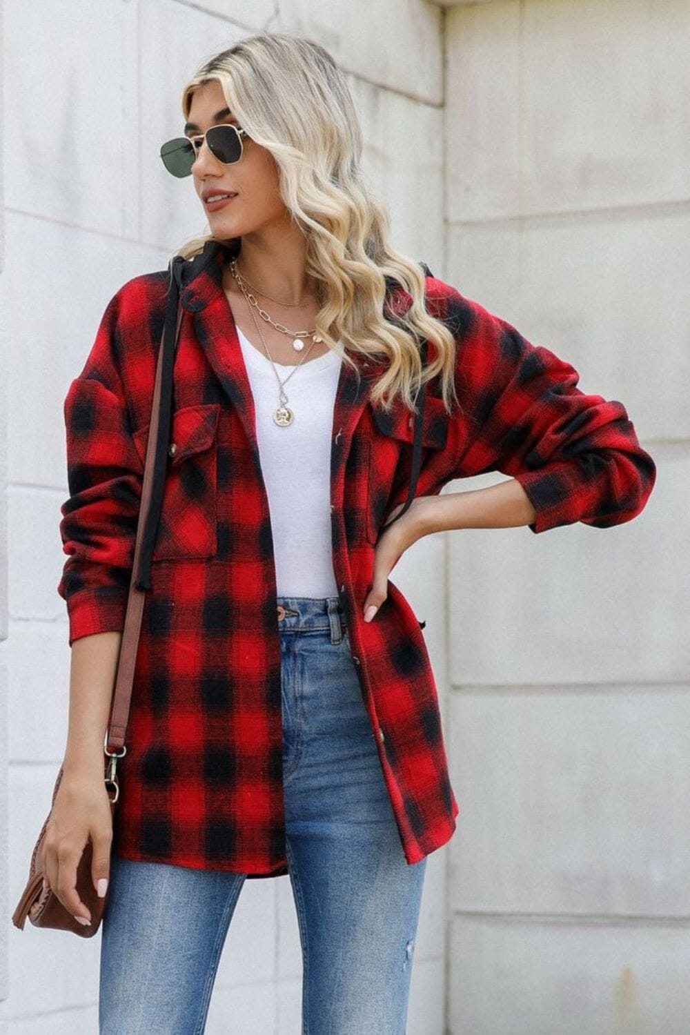 Drawstring Plaid Long Sleeve Hooded Shacket - Sydney So Sweet