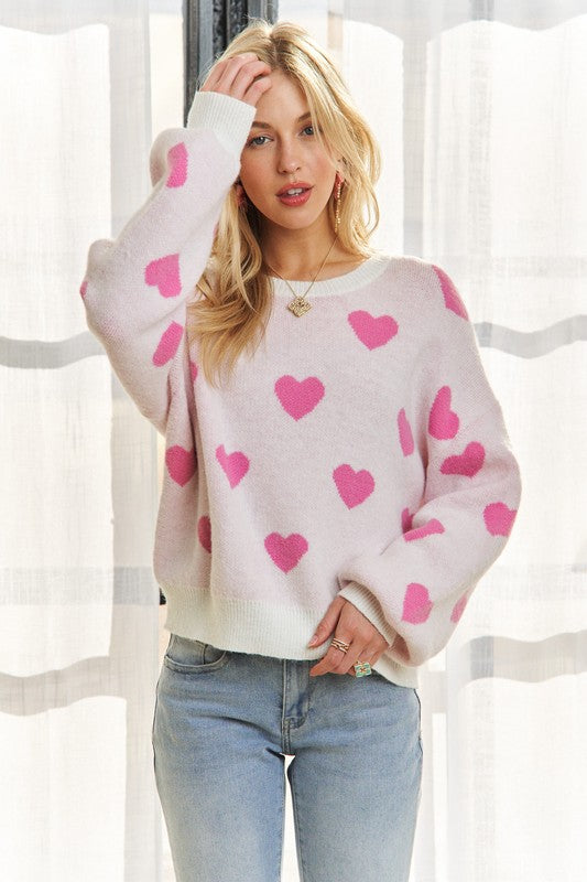 ADORA Heart Round Neck Drop Shoulder Sweater - Sydney So Sweet