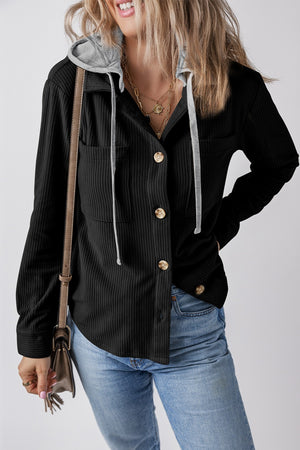 Drawstring Button Up Long Sleeve Hooded Jacket - Sydney So Sweet