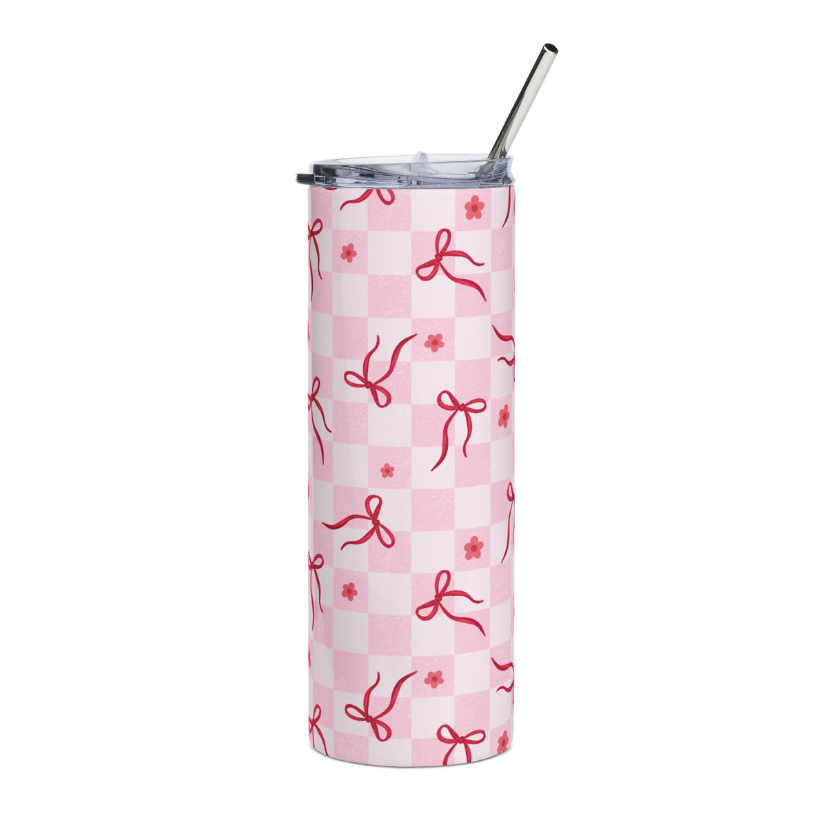 Pink Bow Checkered 20oz Stainless Steel Tumbler Travel Cup Water Bottle