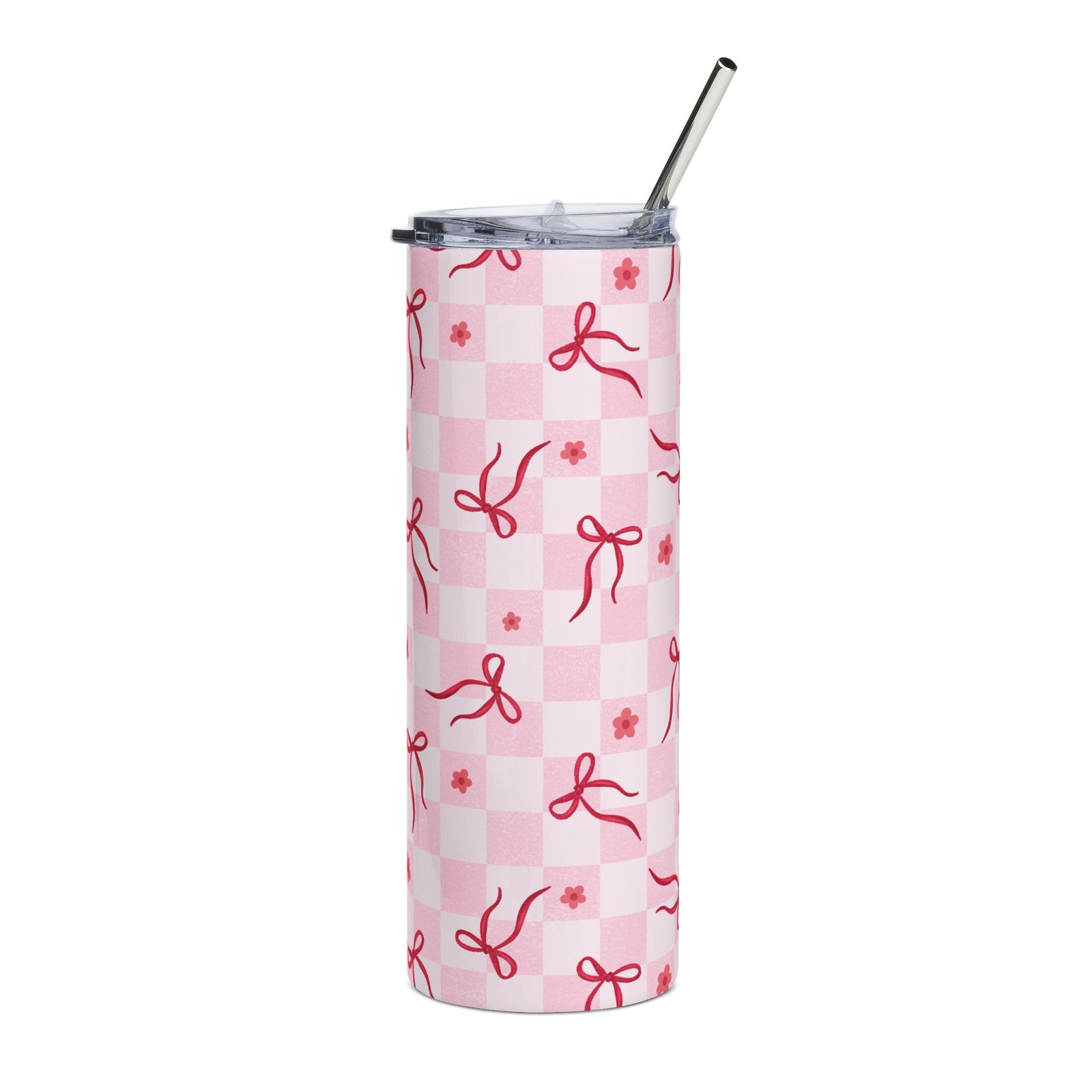 Pink Bow Checkered 20oz Stainless Steel Tumbler Travel Cup Water Bottle