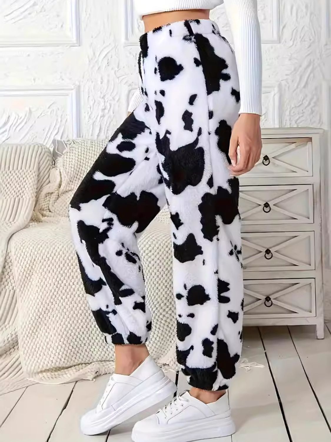 Fuzzy Cow Print Elastic Waist Pants - Sydney So Sweet