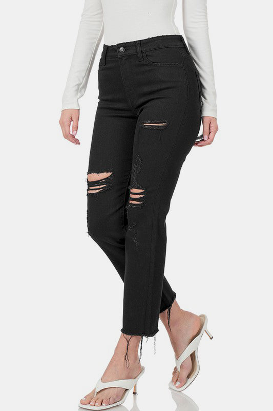 Zenana Distressed Raw Hem Cropped Jeans - Sydney So Sweet