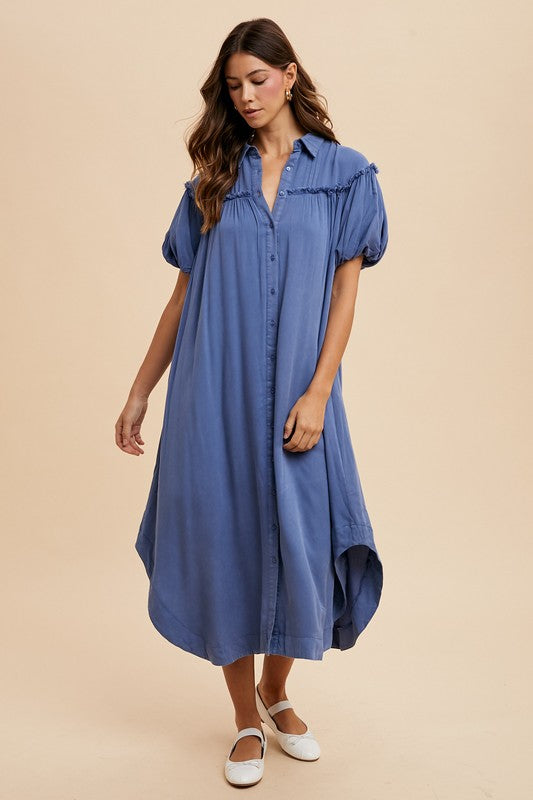 Annie Wear Mineral Washed Button Down Puff Sleeve Shirt Dress - Sydney So Sweet