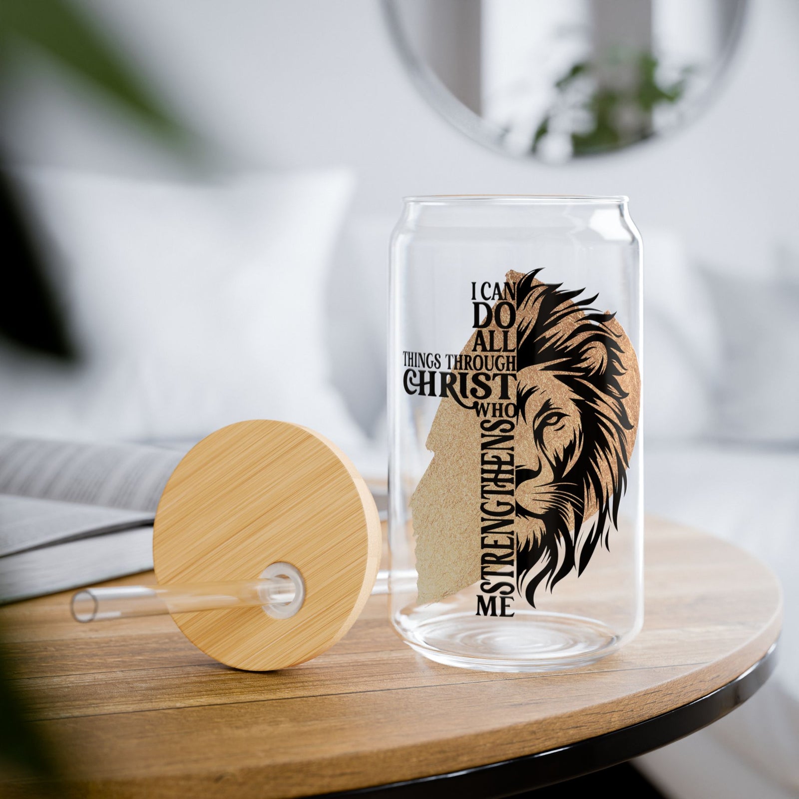 All Things Through Christ Christian Tumbler Sipper Glass 16oz — Reusable Drink Jar with Lid & Straw