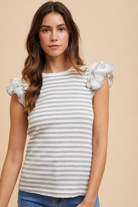 Annie Wear Ruffled Striped Round Neck Cap Sleeve Knit Top - Sydney So Sweet