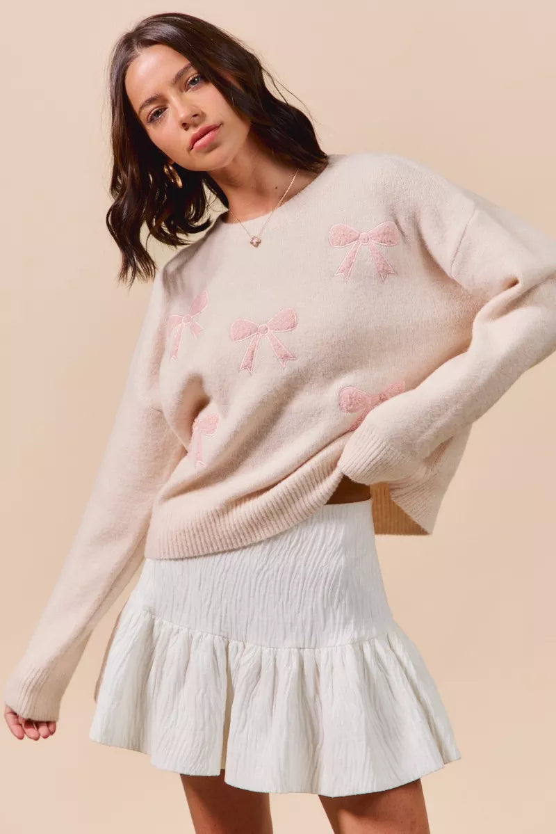 SO ME Embroidered Ribbon Round Neck Sweater - Sydney So Sweet