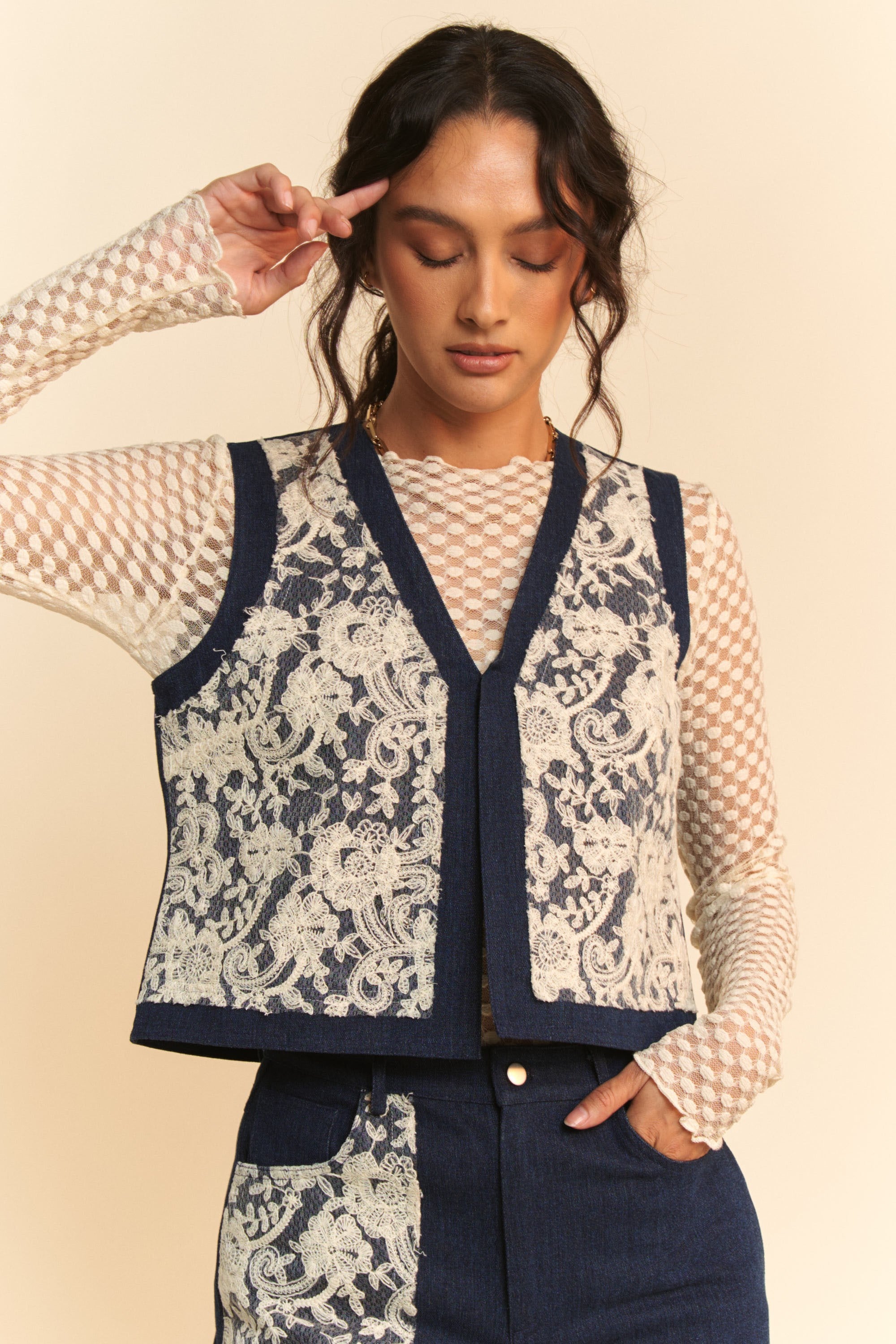 Davi & Dani Lace Patch Open Front Denim Vest - Sydney So Sweet