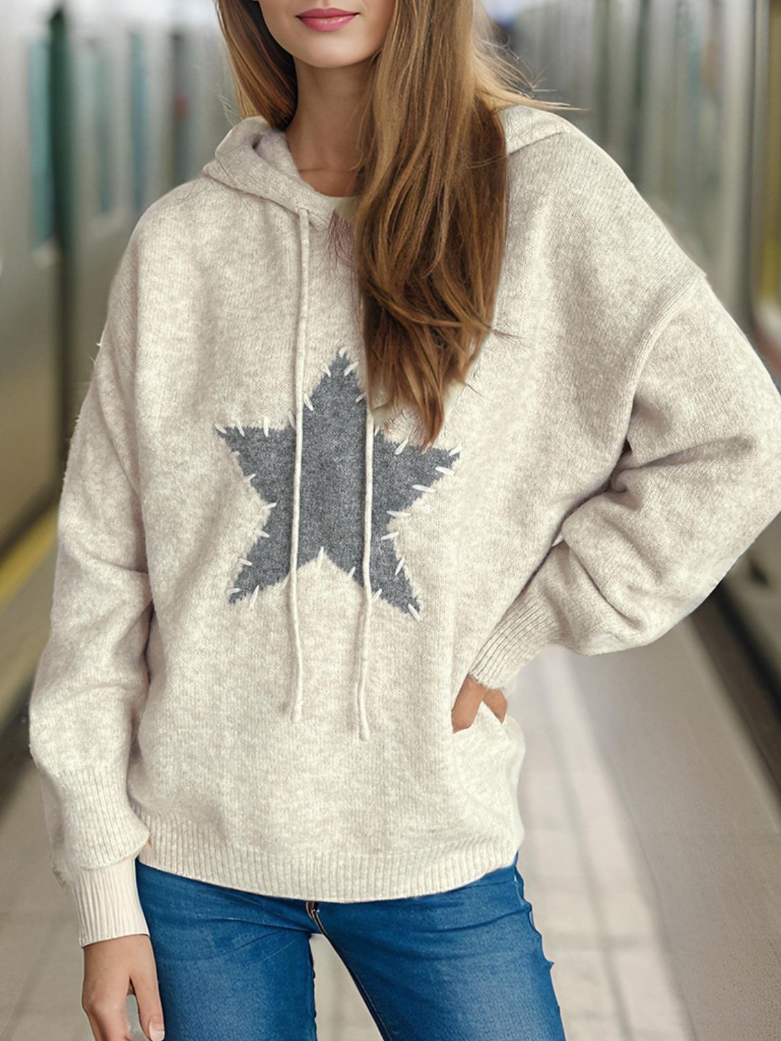 Drawstring Star Long Sleeve Hooded Sweater - Sydney So Sweet