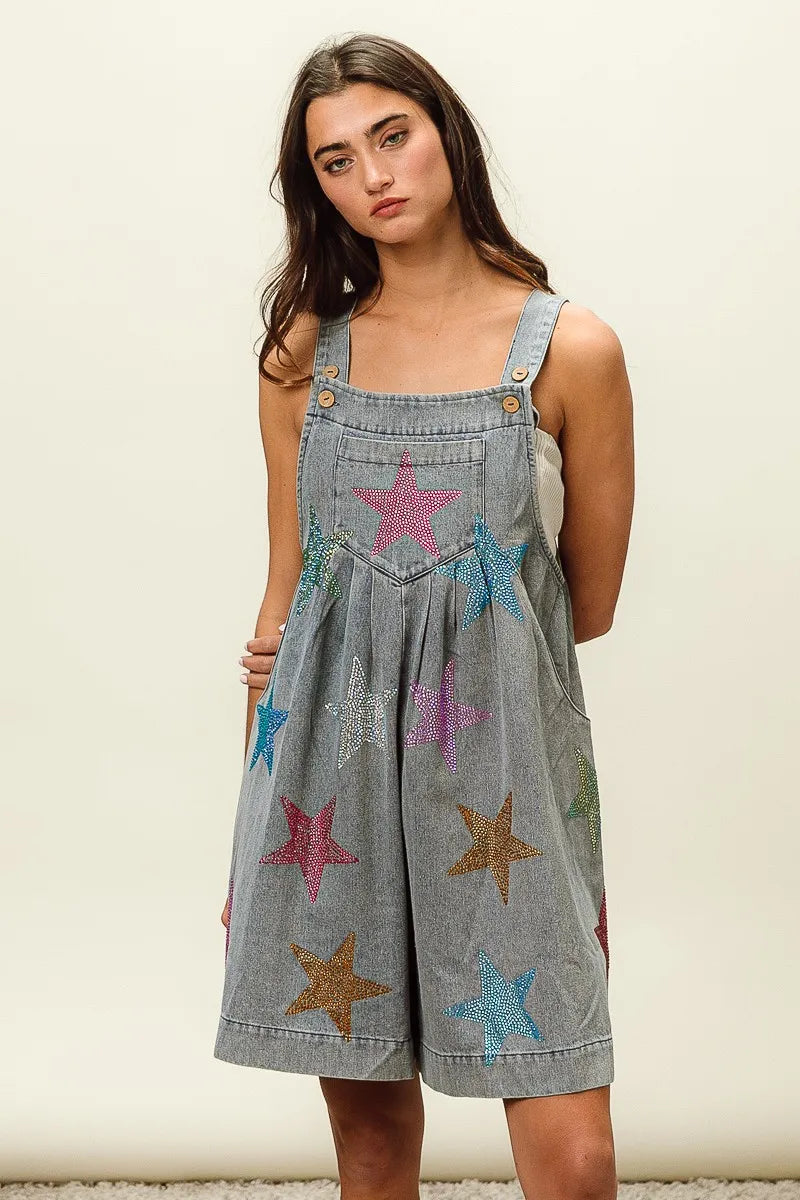 BiBi Star Rhinestone Washed Wide Leg Shortalls - Sydney So Sweet