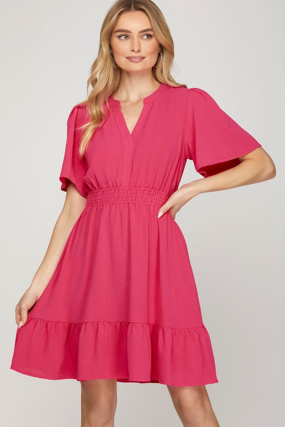 She + Sky Ruffled Hem Notched Flutter Sleeve Mini Dress - Sydney So Sweet