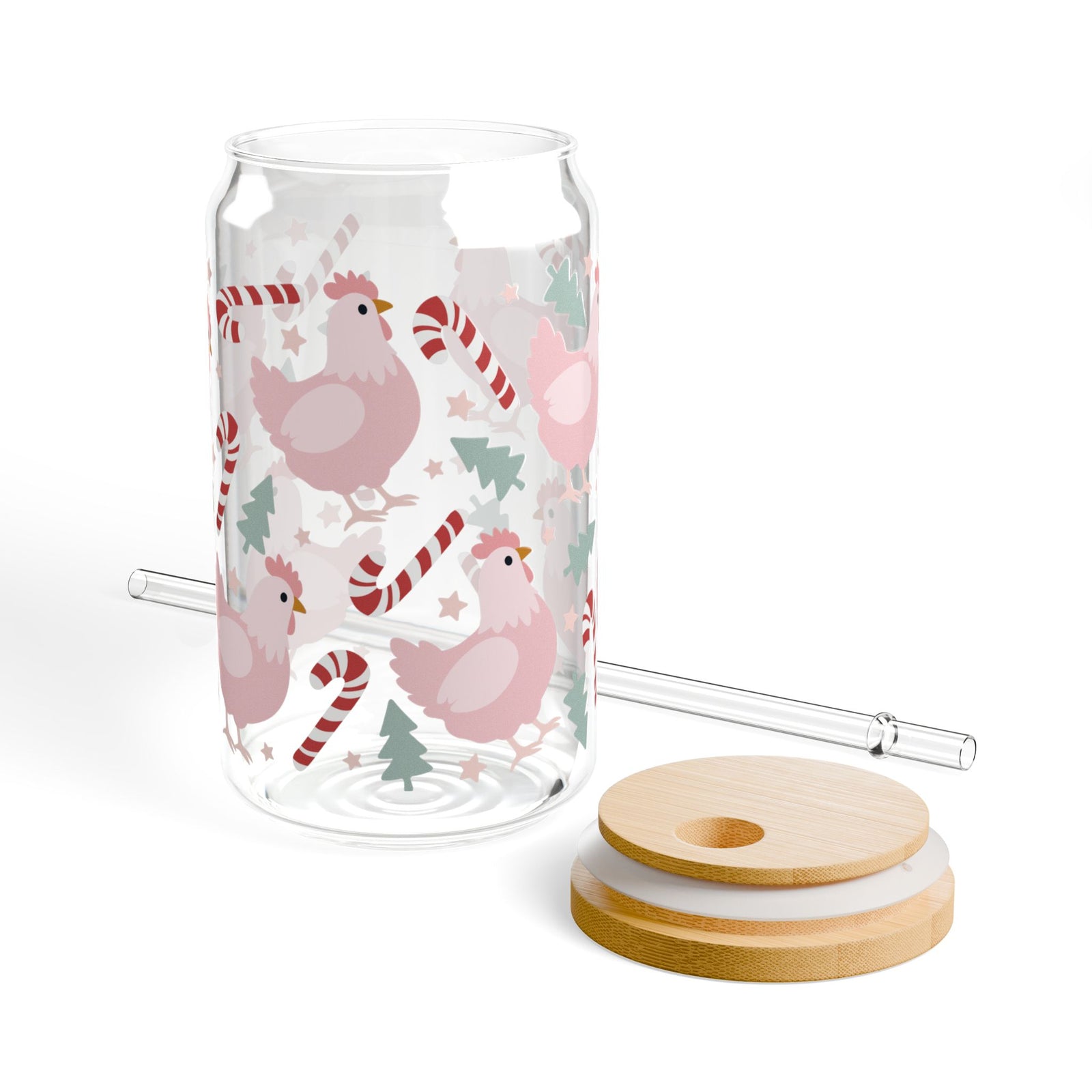 Christmas Chickens Sipper Glass 16oz Reusable Drink Jar with Lid & Straw