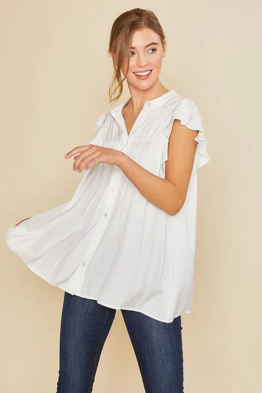 Annie Wear Ruffle Sleeve Shirred Flowy Woven Tunic Shirts - Sydney So Sweet