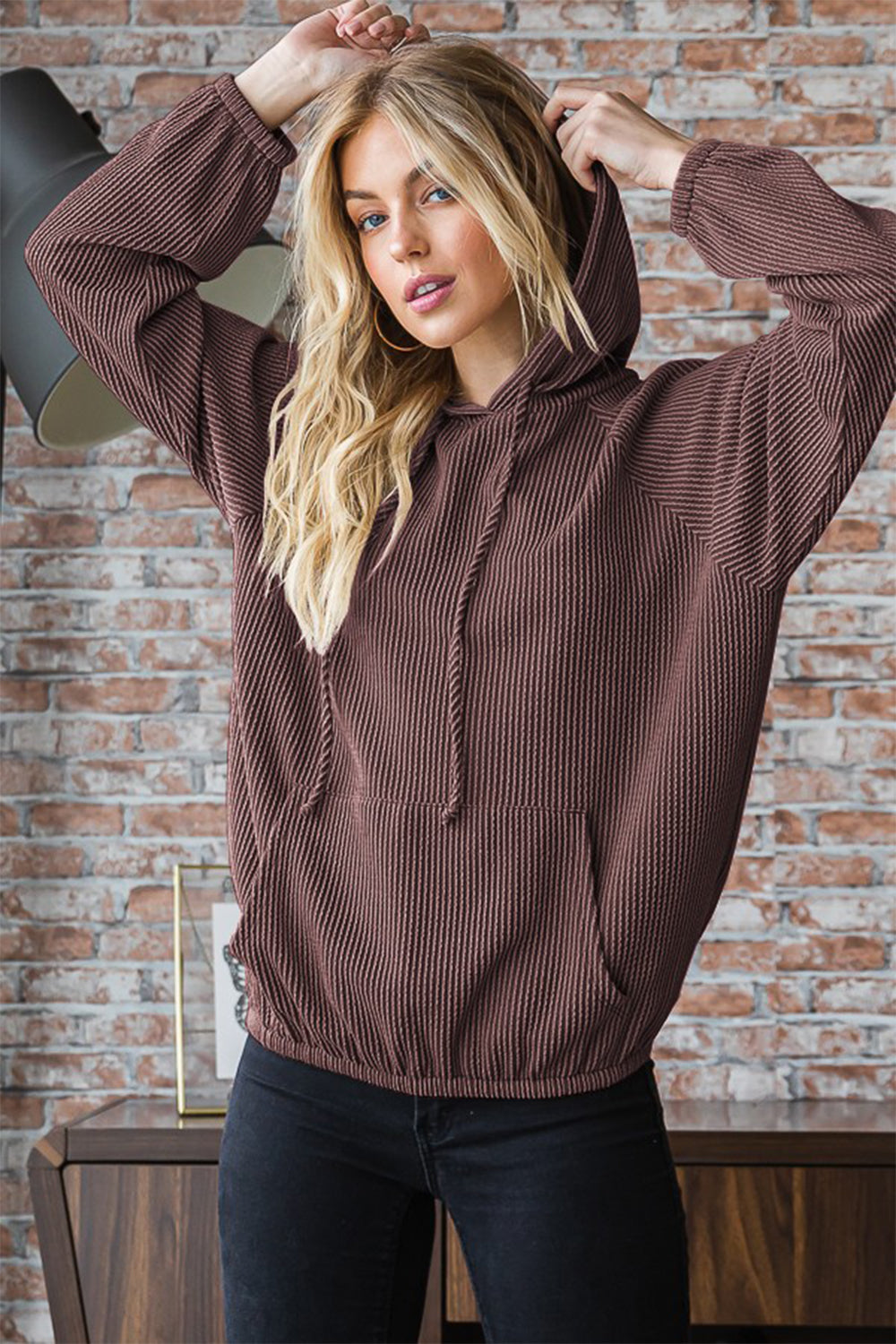 Heimish Ribbed Long Sleeve Hoodie with Kangaroo Pocket - Sydney So Sweet