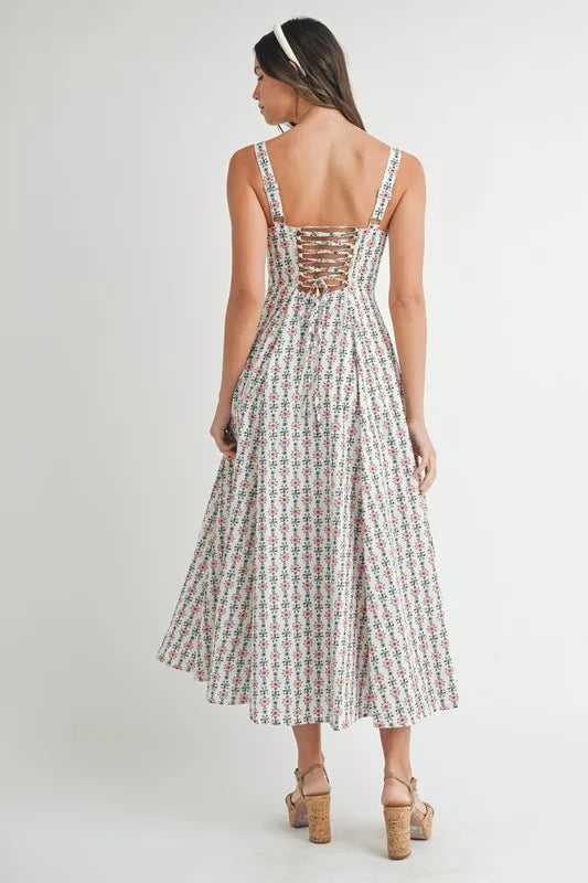 MABLE Floral Print Bustier Back Lace Up Midi Dress - Sydney So Sweet
