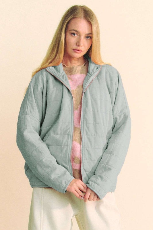 Davi &amp; Dani Quilted Zip Up Dropped Shoulder Jacket - Sydney So Sweet