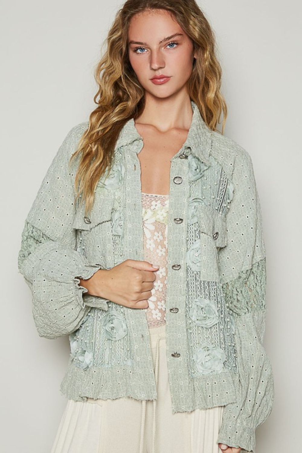 POL Eyelet Flower Pearl Detail Lace Patchwork Shirt - Sydney So Sweet