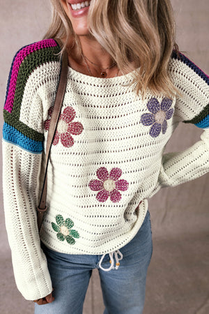 Flower Round Neck Long Sleeve Sweater - Sydney So Sweet