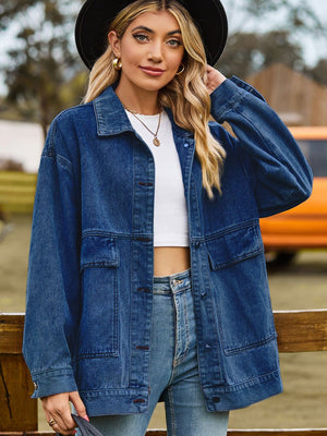 Dropped Shoulder Denim Jacket with Pockets - Sydney So Sweet