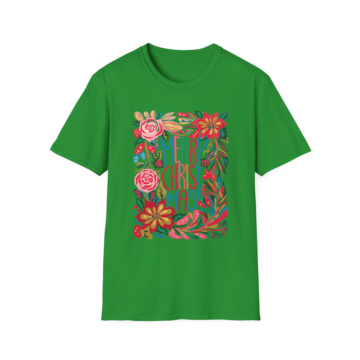 Merry Christmas Bright Holiday Florals Tee Graphic T-Shirt