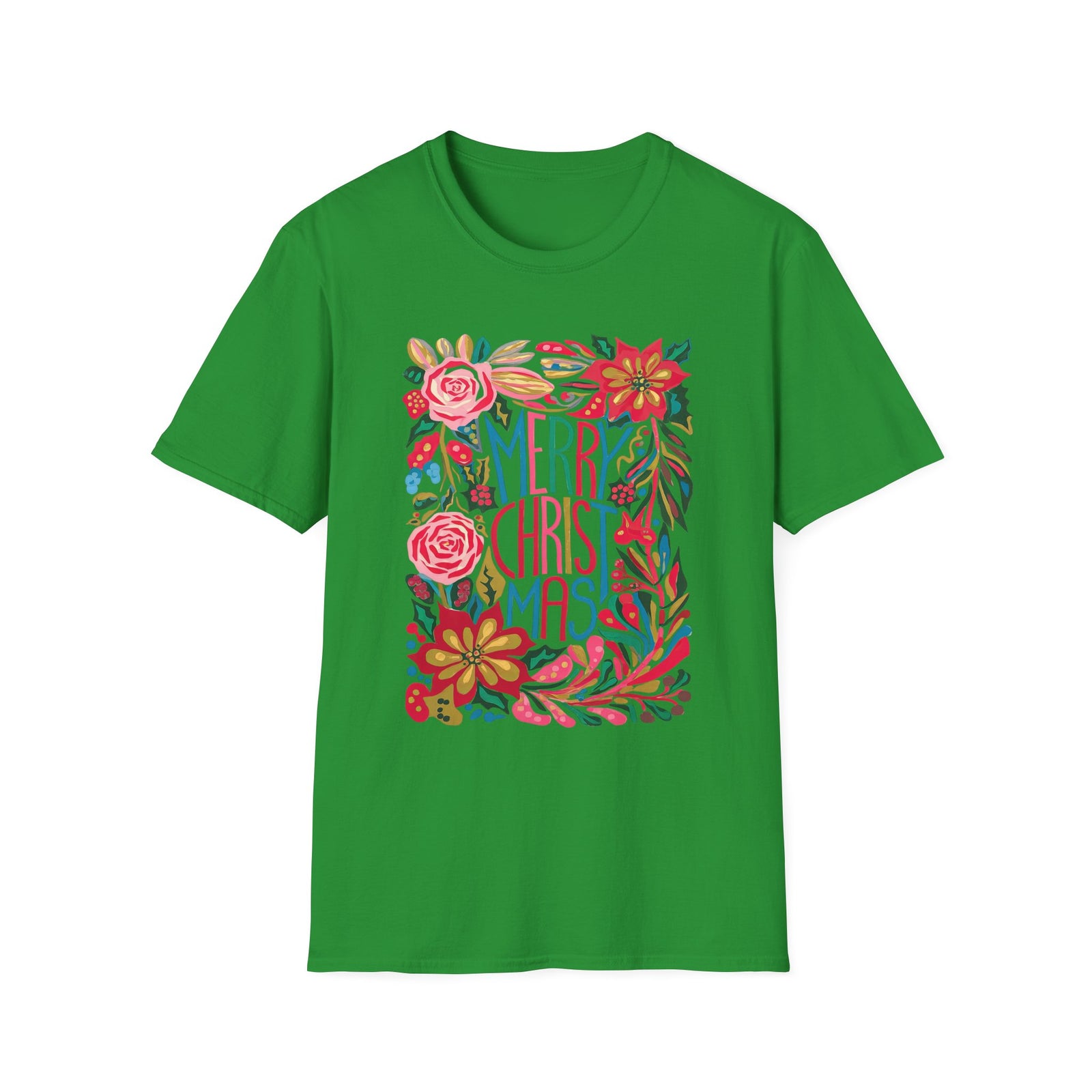 Merry Christmas Bright Holiday Florals Tee Graphic T-Shirt